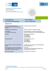 Zertifikat der Europäischen Technischen Bewertung (ETA-10/0143) für das MAGU WS Bausystem, ausgestellt vom Deutschen Institut für Bautechnik (DIBt)