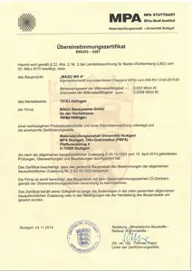 Übereinstimmungszertifikat der MPA Stuttgart für das MAGU WS 4 Wandsystem aus expandiertem Polystyrol (EPS)