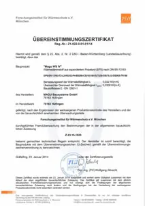 Übereinstimmungszertifikat des FIW München für MAGU WS IV Wandsystem mit Angaben zur Wärmeleitfähigkeit und Baustoffklasse