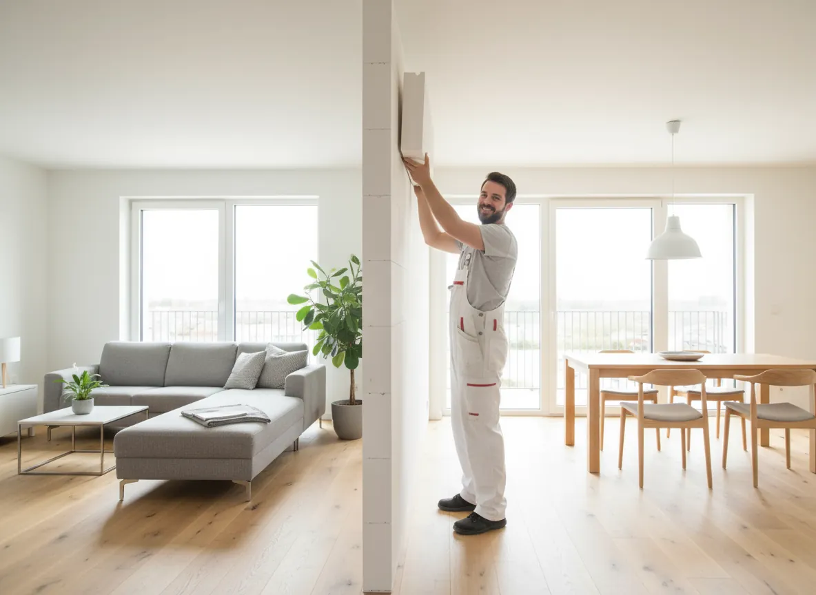 Handwerker setzt eine leichte Innenwand als Trennwand in einer Wohnung mit MAGU Innenwand.