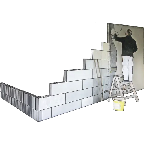 Aufbau einer Innenwand mit Schalungselementen, Handwerker trägt Oberputz auf die Wand auf.